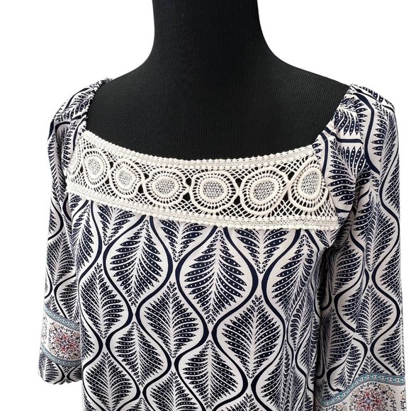 Peppermint Boho Tunic Top size L Blue Cream Lace Trim 3/4 Sleeves Square Neck - Picture 3 of 5